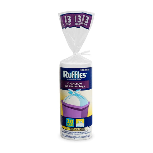 Ruffies Tall Kitchen Bags - 13 Gallon, 20 Bags, .6 Mil, Wing Tie, Unscented, White Color, Pack of 1
