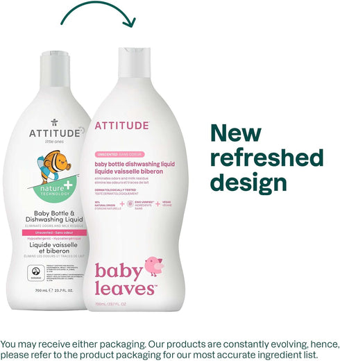 ATTITUDE Baby Dish Soap and Bottle Cleaner, EWG Verified, Vegan, Unscented, 23.7 Fl Oz, No Added Dyes or Fragrances