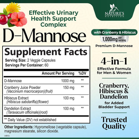 D-Mannose Supplement 1,350 mg with Cranberry & Hibiscus, 120 Capsules for Bladder and Urinary Tract Health