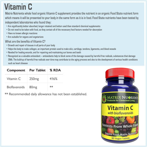 Premium Quality Vitamin C with BIOFLAVANOIDS - 100% Organic Natural Ingredients, Vegan Tablets, 60ct - Immune Boosting