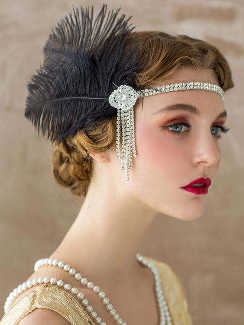 SWEETV Flapper Headbands - Womens 1920s Inspired Feather Headband, Great Gatsby Cocktail Party Rhinestone Hair