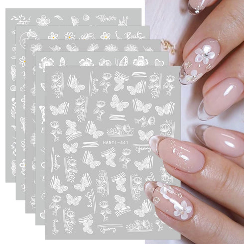 JMEOWIO 12 Sheets Spring White Flower Nail Art Stickers Decals for Summer Nail Design