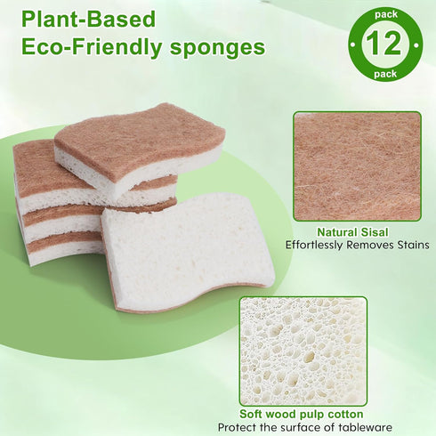 honghuokua 12-Pack, Sponges Kitchen Natural sponges for Dishes S-Shaped Dual-Layer for Pots, Pans, Tableware, Durable