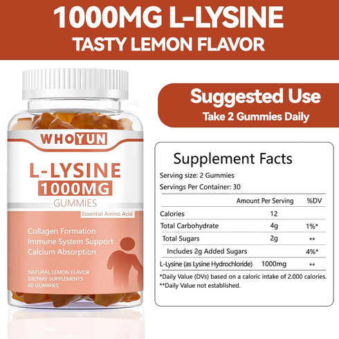 L-Lysine 1000mg Gummies, Chewable Supplement for Adults, Immune Support, Lemon Flavor, 60 Count