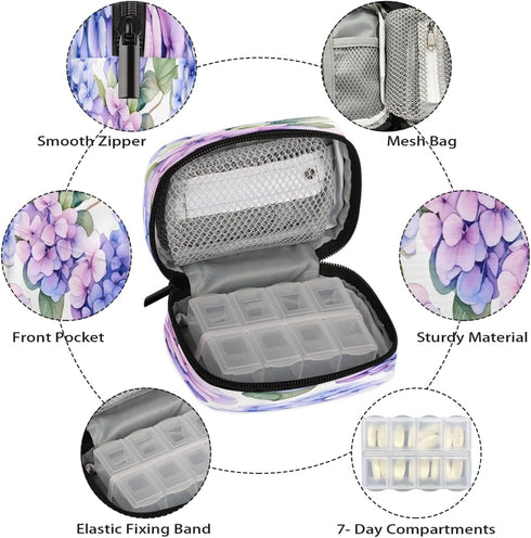 Skerhhux 7 Purple Flower Print Pill Case Travel Pill Organizer Weekly Day Portable with Zipper Medicine Box Pill Case