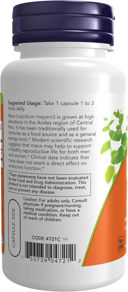 NOW Supplements Maca (Lepidium meyenii) 500 mg, Reproductive Health for Men and Women, 100 Veg Capsules