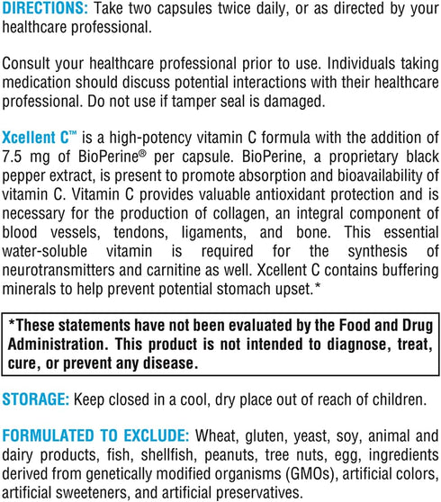 XYMOGEN Xcellent C - High Dose Vitamin C Supplement with BioPerine for Enhanced Absorption, Buffered Vitamin C (120