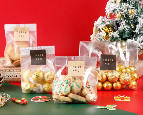 Cellophane Treat Bags for Cookies, Candy, Chocolates, Clear Gift Bag with Stickers (Fog, 9x3.3inch)