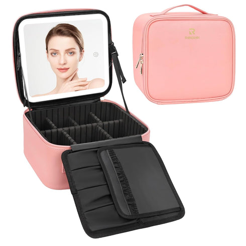 Relavel Travel Makeup Bag with LED Mirror, Waterproof Cosmetic Train Case with Adjustable Brightness, Pink