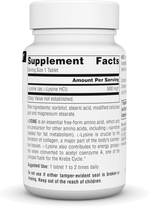 Source Naturals L-Lysine Free Form Amino Acid Supplement, 500 mg, 50 Tablets, Supports Energy & Collagen