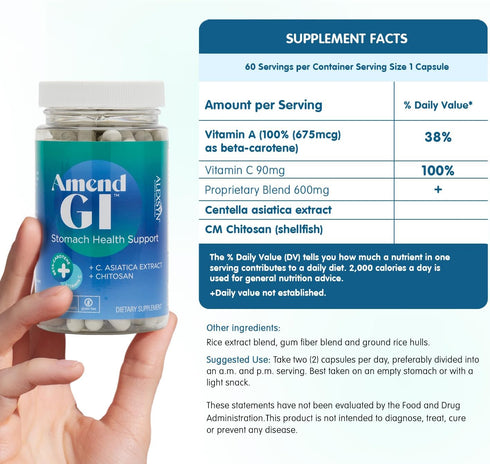 Amend GI All-Natural Stomach Health Support 60 Capsules - Nutraceutical for Stress-Induced Ulcer Symptoms - Supports Healing and Digestive Health with Asiatica Extract & CM Chitosan