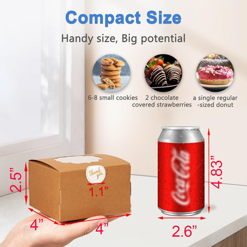 Shallive 4-Inch Small Cookie Boxes, 100 Pcs Brown Bakery Treat Boxes with Window for Gifting, To-go Containers