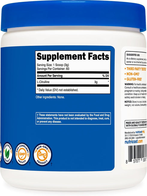 Nutricost Pure L-Citrulline Base Powder - 250 Grams