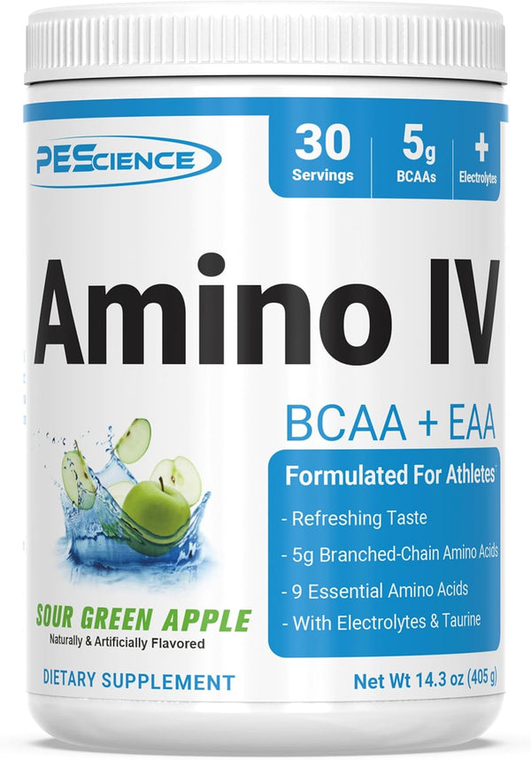 PEScience Amino IV BCAA & EAA Powder, Sour Green Apple, 60 Scoop, Sugar Free for Hydration and Muscle Recovery