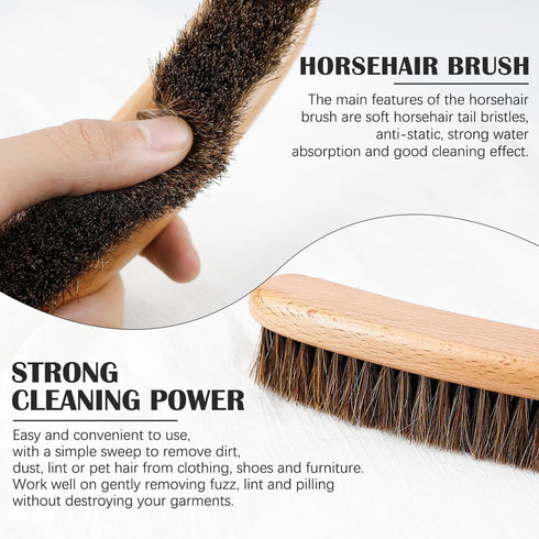 Horsehair Garment Brush with Long Wooden Handle, Soft Clothes Brush for Hair Removal, Lint Brush for Pet