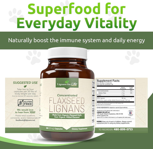 Lignans For Life Flaxseed Lignans for Dogs & People, Omega 3 Fatty Acids, 15mg, 180 Capsules, 1 Pack