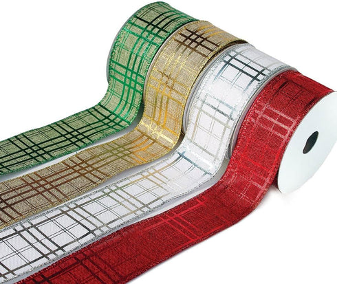 Wired Christmas Ribbon Plaid Set 2.5 Inch 4 Rolls 24 Yards for Decorating Trees, Gift Wrapping, Wreaths, Bows