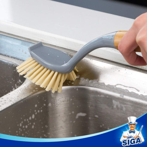 Pack 2 MR.SIGA Dish Brush with Long Bamboo Handle Built-in Scraper, Scrub Brush for Pans, Pots, Kitchen Sink Cleaning