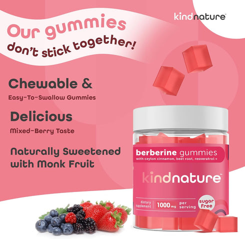 Kind Nature 1000mg Berberine Gummies, Sugar Free with Ceylon Cinnamon & Beet Root - Non GMO, 3rd Party Tested