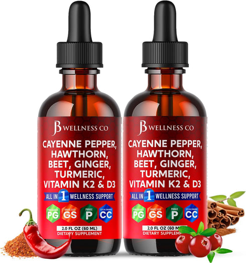 JB Wellness Co Cayenne Pepper Supplement Liquid Drops + Hawthorn Berry, Vitamin D3 K2 Beet