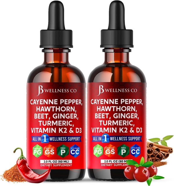 JB Wellness Co Cayenne Pepper Supplement Liquid Drops + Hawthorn Berry, Vitamin D3 K2 Beet