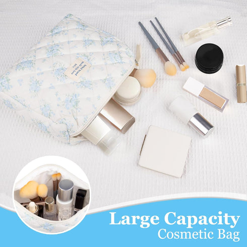 Makeup Bag Quilted Floral Cosmetic Bag for Women, Cute Cotton Travel Toiletry Organizer Bag (Blue Rose)
