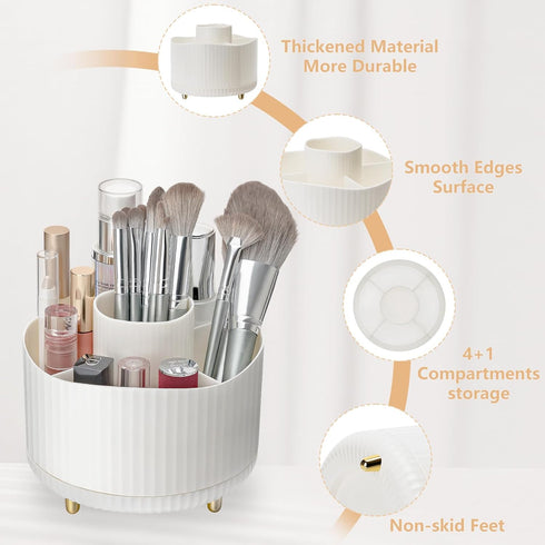 360 Rotating Makeup Brush Holder Organizer, 5 Slot Makeup Organizer for Vanity, White
