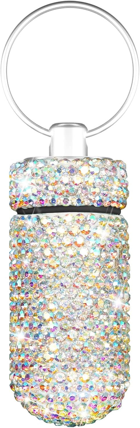 Bling Pill Case Rhinestone Pill Box Portable Waterproof Holder with Keychain for Travel, Outdoor, Camping (AB Color)
