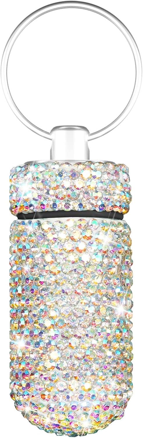 Bling Pill Case Rhinestone Pill Box Portable Waterproof Holder with Keychain for Travel, Outdoor, Camping (AB Color)