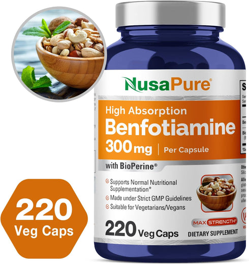 NusaPure Benfotiamine 300mg Per Veggie Caps 220 Count (Non-GMO, Vegan, Gluten-Free)