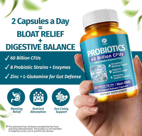 1 Body Probiotics, 60 Billion CFU Gut Health Supplement with Prebiotics, Digestive Enzymes, Vegan, 60 Capsules
