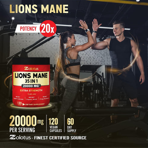 35 in 1 Lions Mane Mushroom Capsules, 20000mg Equivalent with Cordyceps, Reishi, Elderberry, Ginseng - 120 Capsules