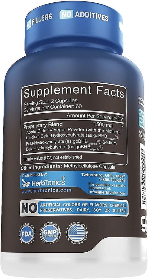 Herbtonics Apple Cider Vinegar + Keto BHB Formula - Digestion & Detox Support, Appetite Control Supplement.