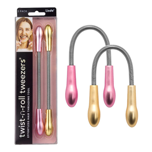 Lindo Twist-N-Roll Tweezer, Spring Facial Hair Removal Tool, Travel Pouches Included, 2 Pack