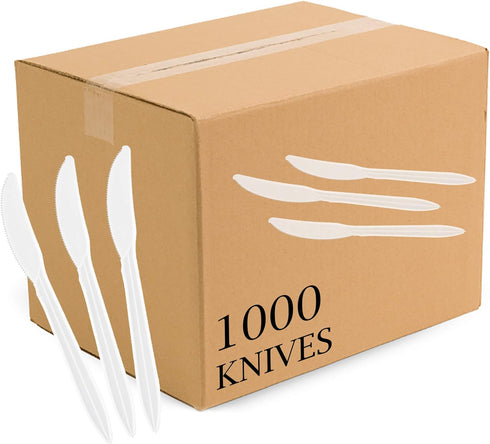 PLASTICPRO Cutlery Plastic Knives, Medium Weight Disposable Silverware White (1000 Count)