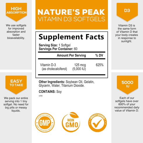 D Vitamin 5000 IU Vitamin D3 Softgels - High Potency D3 Vitamin for Bone Health, Muscle, & Immune Support - Extra Strength 125 mcg - Natures Non-GMO 5000iu D3 supplement - 60 Softgels, 60 Day Supply