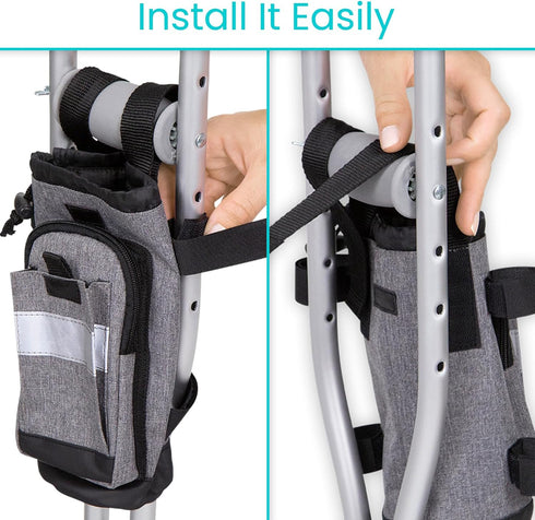 Vive Crutch Accessories Bag - Pouch for Crutches, Accessory Storage Carry Kit with Cup and Bottle Pocket Holder, Gray