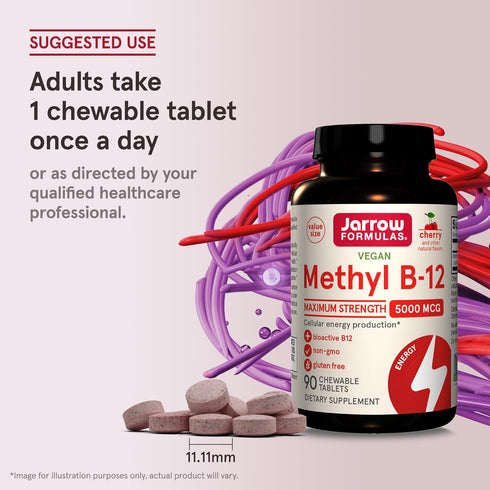 Jarrow Formulas Maximum Strength Methyl B-12 5000 mcg - Dietary Supplement - 90 Cherry Flavored Chewable Tablets
