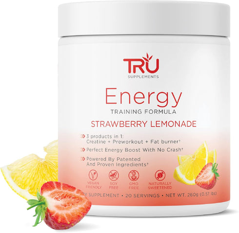 TRU Supplements Energy Pre Workout Training Formula Vegan Friendly 20 Servings (Strawberry Lemonade)
