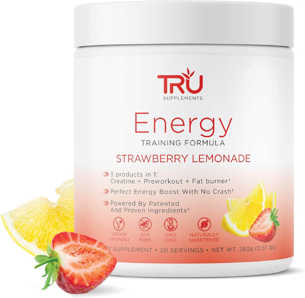 TRU Supplements Energy Pre Workout Training Formula Vegan Friendly 20 Servings (Strawberry Lemonade)