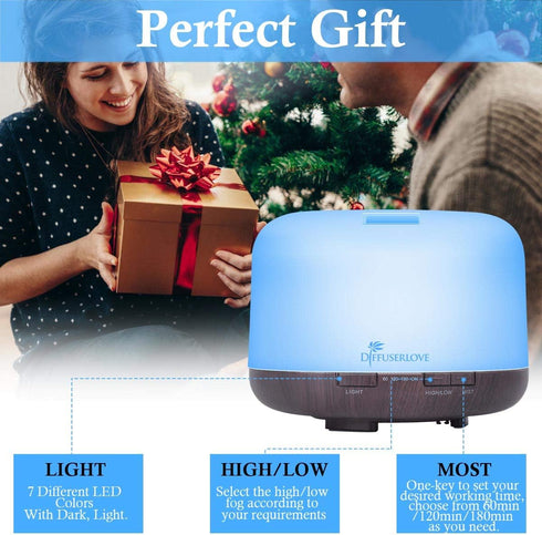 Diffuserlove Essential Oil Diffuser - 500ML Aromatherapy Diffuser, 7 Color LED Lights for Home Office Bedroom