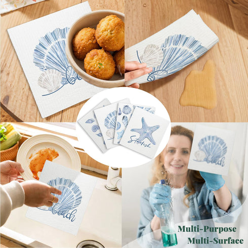 LARTSFRO 4 Pack Beach Ocean Swedish Dishcloths for Kitchen, Shells Swedish Dish Cloths for Ocean, Dish Towels