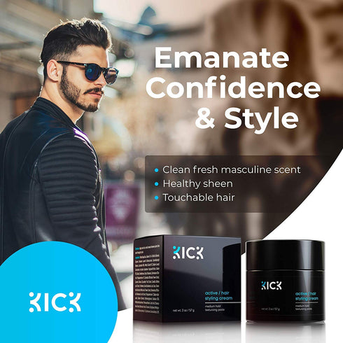 Kick Men's Medium Hold Hair Cream, Non Greasy, Thickening, Damage Control, Hydrating, 2 Oz