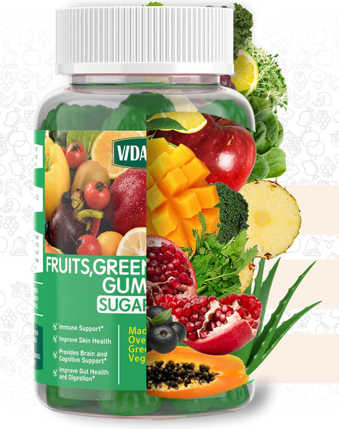 Sugar-Free Fruit and Veggie Gummies - 35+ Greens, Fruit & Vegetable Vitamins for Immunity, 60 Gummies