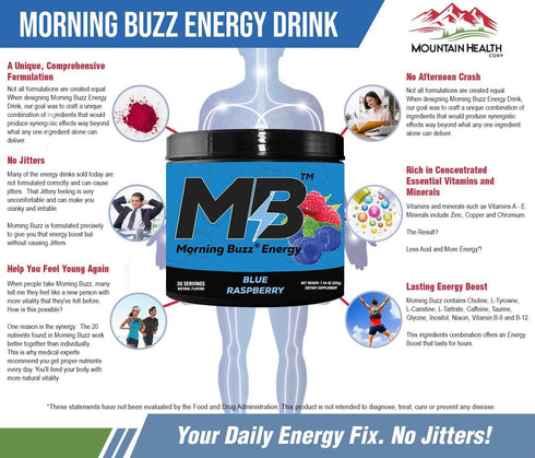 Morning Buzz Energy Drink Powder, Sugar-Free Energy Boost Drink Mix with Antioxidants, Blue Raspberry, 30 Servings, 8