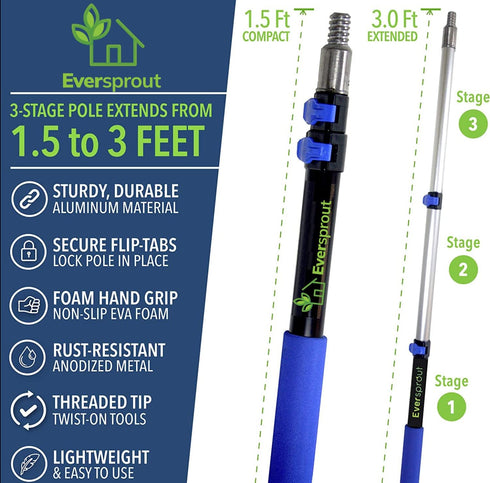 EVERSPROUT Cobweb Duster and Extension-Pole Combo, 1.5-to-3 Foot, 8-10 Ft Reach, Soft Bristles, Lightweight