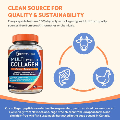 Doctor's Recipes Multi Collagen Peptides with Golden Turmeric - Collagen Supplements for Skin, Hair, Nail, 90 Caps