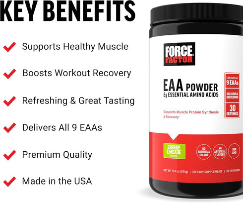 Force Factor Essential Amino Acids, Full Spectrum EAAs Amino Acids Powder, Amino Acids Supplement for Women and Men to Support Healthy Muscle and Workout Recovery, Cherry Limeade, 30 Servings
