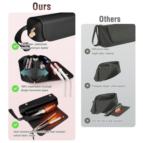 SS Hair Tools Travel Bag and Heat Resistant Mat for Hot Tools, Portable Leather Curling Iron Case for Women, Black