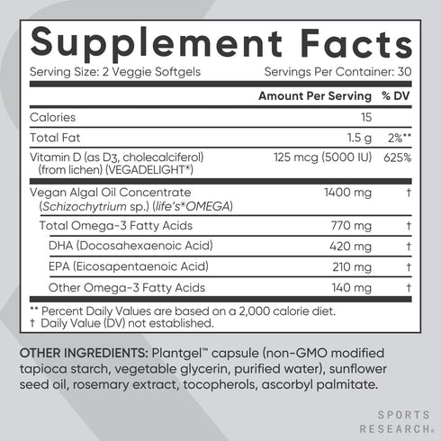 Sports Research Vegan Omega-3 Softgels with Vitamin D3 - 630mg EPA+DHA & 125mcg D3 - 60 Veggie Capsules